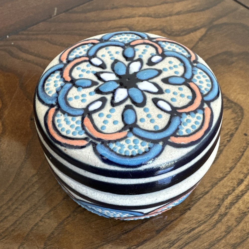 VTG Servin Mexico Floral Lidded Trinket Box 2‎ Inch Hand Paint Round Ceramic